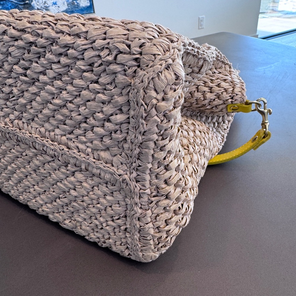 Clare V. Simple Woven Raffia Tote Bag with Yellow Straps and Denim Interior - Picture 7 of 10